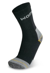 Schwarz-graue Knöchelsocke mit verstärktem Fersen- und Zehenbereich, ausgestattet mit geribbelter Textur und gelber Akzentlinie. "WORK"-Logo in Weiß an der Seite.