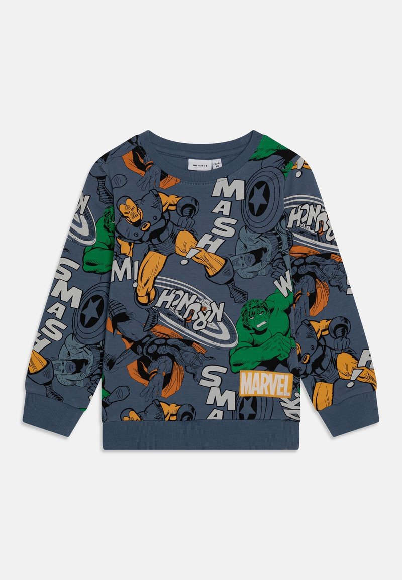 Sweatshirt gris arborant des super-héros Marvel dans un style bande dessinée, en vert, orange et noir. Poignets et taille côtelés ; détail du logo "MARVEL".