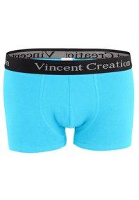 Boxer in turchese realizzati in morbido cotone, dotati di un elastico in vita nero con il logo "Vincent Creation" in grigio e un design aderente.