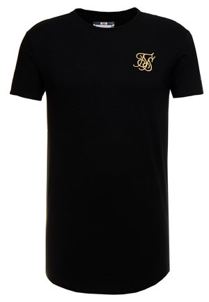 Sort kortærmet T-shirt med en lille guldbroderet monogramlogo på venstre bryst og rund hals.