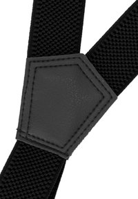 Schwarz gemusterte elastische Hosenträger mit einem zentralen hexagonalen schwarzen Leder-Patch mit Nähdetails, die zwei verstellbare Träger verbinden.