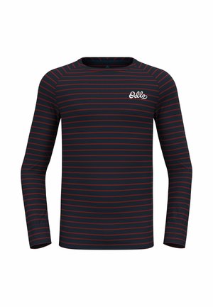 Langsleeve shirt in donker marineblauw met dunne rode strepen. Heeft een wit logo op de borst en een ronde halslijn. Glad, lichtgewicht materiaal.