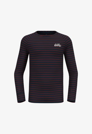 Langsleeve shirt in donker marineblauw met dunne rode strepen. Heeft een wit logo op de borst en een ronde halslijn. Glad, lichtgewicht materiaal.