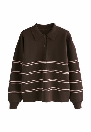 Maglione lavorato a maglia a maniche lunghe di colore marrone scuro, con colletto, chiusura con bottoni e strisce orizzontali di colore rosa chiaro su corpo e maniche.