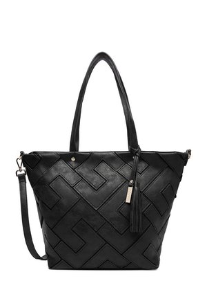 Bolso tote de cuero negro con patrón geométrico cosido, dos asas para el hombro, una correa cruzada desmontable y un colgante con borla.