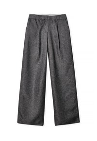 Gray wide-leg trousers made of textured fabric, featuring a straight cut, a waistband, and visible front pleats.