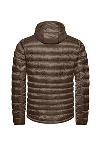 Giubbotto imbottito marrone con cappuccio, caratterizzato da un design trapuntato, cuciture orizzontali e una texture liscia e lucida.