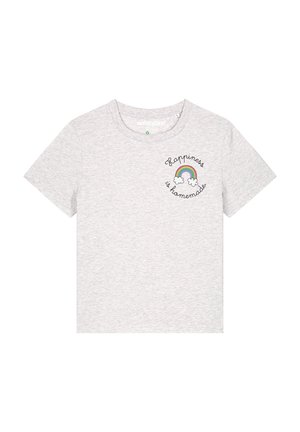 Grijze katoenen t-shirt met een ronde hals, korte mouwen en een geborduurde afbeelding van een regenboog en wolken met de tekst "Geluk is zelfgemaakt."