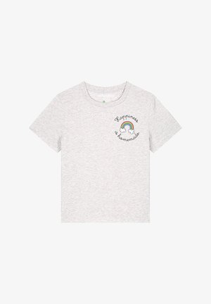 Grijze katoenen t-shirt met een ronde hals, korte mouwen en een geborduurde afbeelding van een regenboog en wolken met de tekst "Geluk is zelfgemaakt."