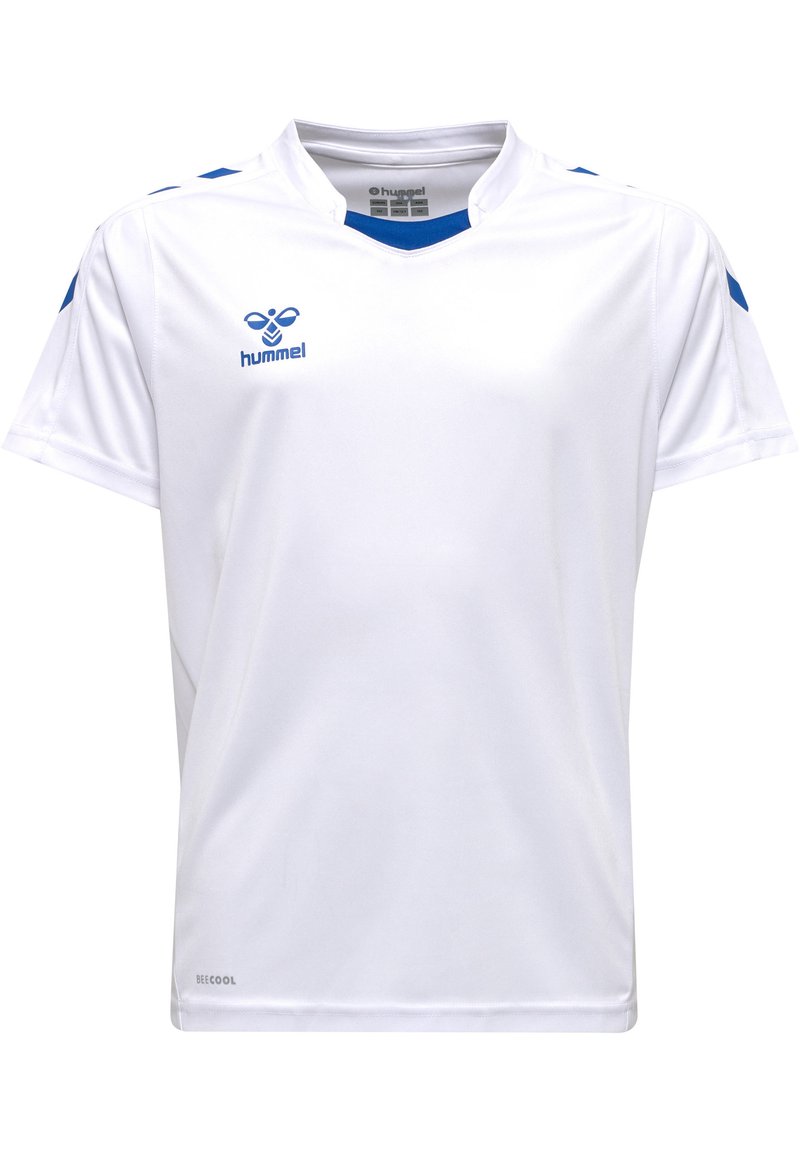 Camiseta deportiva Hummel blanca con acentos y logotipo azules, de manga corta y diseño de cuello en V, fabricada en material ligero que absorbe la humedad.