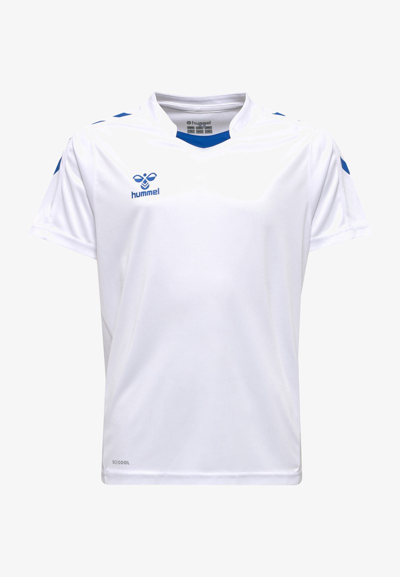 Biely športový dres Hummel s modrými akcentmi a logom, krátky rukáv, dizajn s V-výstrihom, vyrobený z ľahkého, materiálu odvádzajúceho vlhkosť.