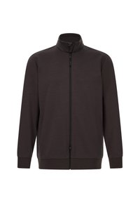 Tmavohnědá zipová bunda s vysokým límcem, dlouhými rukávy a žebrovanými manžetami. Disponuje hladkým, měkkým texturem a bez viditelných vzorů.