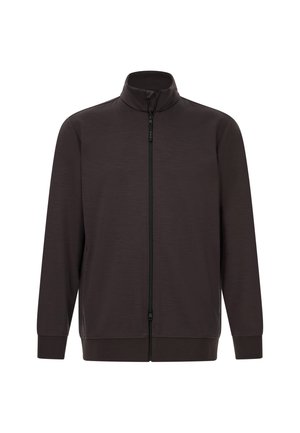Giacca zip-up marrone scuro con colletto rialzato, maniche lunghe e polsini a costine. Presenta una texture liscia e morbida e nessun motivo visibile.