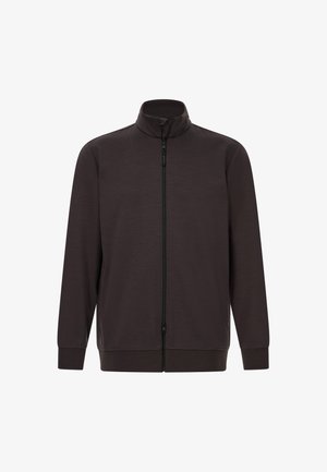 Ciemnobrązowa kurtka z zamkiem błyskawicznym, z kołnierzem stójkowym, długimi rękawami i ściągaczami. Charakteryzuje się gładką, miękką fakturą i brakiem widocznych wzorów.