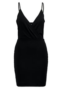 Černé šaty z elastické tkaniny s tenkými ramínky, hlubokým V výstřihem a přiléhavým siluetou, která se směrem k spodnímu okraji zužuje.