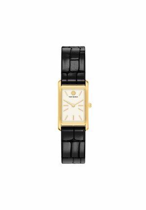 Montre rectangulaire dorée avec cadran blanc, index et aiguilles dorés, bracelet en cuir noir texturé, logo Tory Burch à 12 heures.