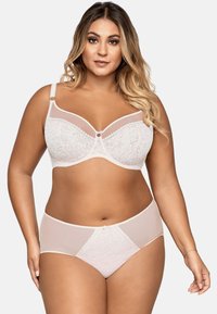 Sujetador blanco de encaje con detalles transparentes y tirantes ajustables, emparejado con braguitas hipster blancas semi-transparentes que tienen acentos de encaje y un lazo.