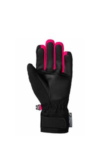 Black leather glove with bright pink accents on fingers. Features a snug cuff with adjustable strap and a textured palm for grip.
