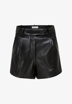 Musta nahast lühikesed püksid kõrge vöökohtadega, ees voldid ja sile tekstuur. Omab vöölõngasid ja minimalistlikku disaini.