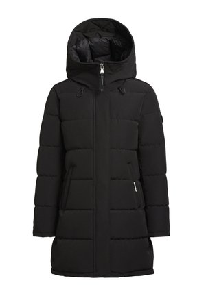 Abrigo de invierno acolchado negro con un alto cuello, gran capucha y bolsillos frontales, diseñado para brindar calor y protección contra el frío.