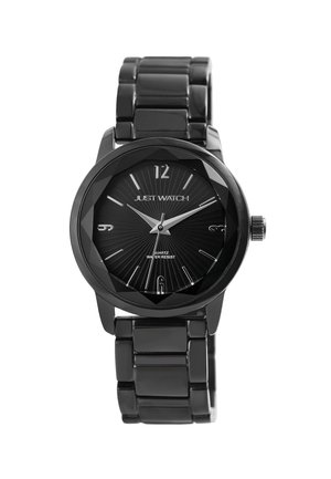 Black quartz watch with a faceted black case, textured black dial, silver hands, and a glossy black link bracelet. Water resistant.