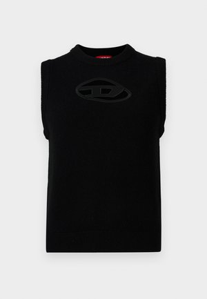 Haut sans manches noir en tricot avec un décolleté rond ; présente un logo ovale texturé au centre et des accents côtelés le long des emmanchures.