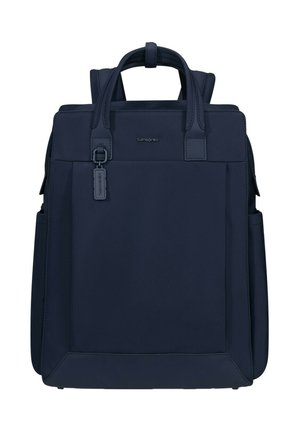 Dark navy blue rectangular backpack with top handles, padded shoulder straps, front zip pocket, and Samsonite logo tag.