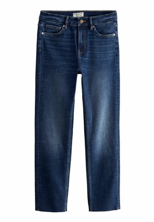 Jean en denim bleu nuit avec une coupe slim décontractée, doté de cinq poches, d'un bouton de fermeture, et d'un léger délavage sur les cuisses.