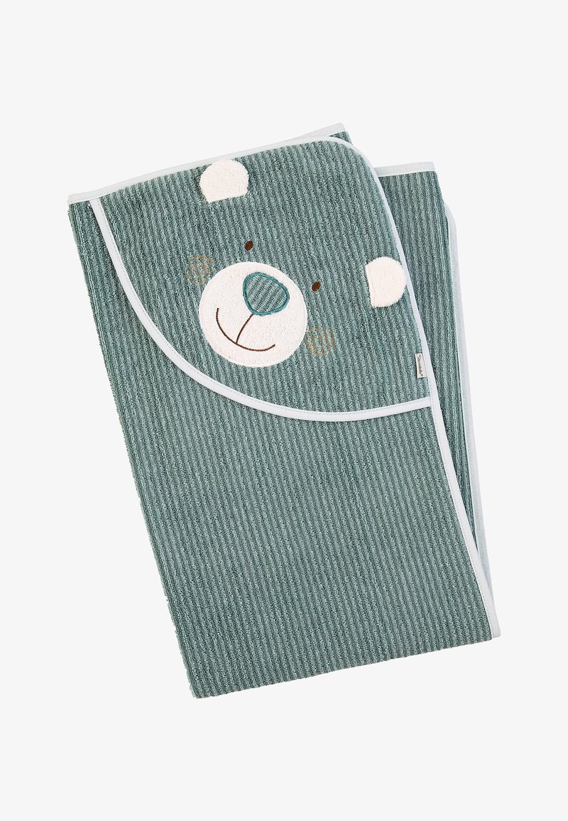 Green striped blanket with a bear face design. Soft texture, embroidered features include eyes, nose, and ears outlined in white fabric.