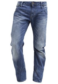 Jean en denim bleu avec zones délavées, bouton à l'avant, passants pour ceinture et conception standard à cinq poches, présenté sans porteur sur un fond blanc.
