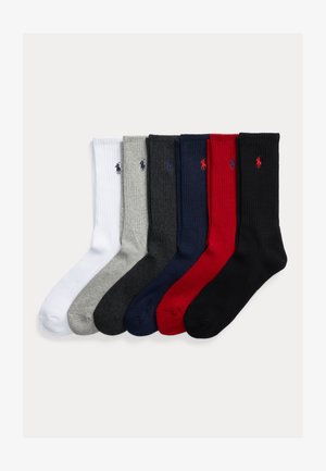 Six pairs of ribbed crew socks in white, light gray, dark gray, navy blue, red, and black, each with a small embroidered polo player logo.