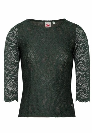 Grüner Spitzenshirt mit drei Viertelärmeln, das ein florales Muster und einen runden Ausschnitt aufweist. Weicher Stoff und taillierte Form.