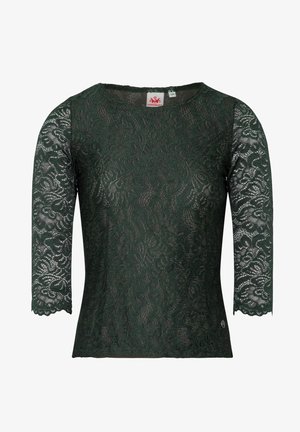Grüner Spitzenshirt mit drei Viertelärmeln, das ein florales Muster und einen runden Ausschnitt aufweist. Weicher Stoff und taillierte Form.