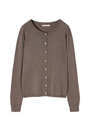 Brown knitted cardigan with long sleeves, round neckline, and button front closure. Features pearl-like buttons and ribbed cuffs.