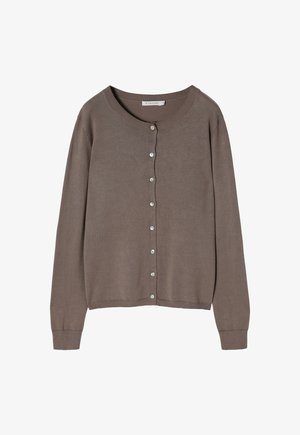 Brauner gestrickter Cardigan mit langen Ärmeln, rundem Halsausschnitt und Knopfverschluss vorne. Verfügt über perlenartige Knöpfe und gerippte Bündchen.