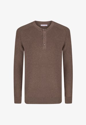 Hnědý pletený svetr s kulatým výstřihem, třemi knoflíky na límci a ribbovanou strukturou na těle a manžetách. Dlouhé rukávy.