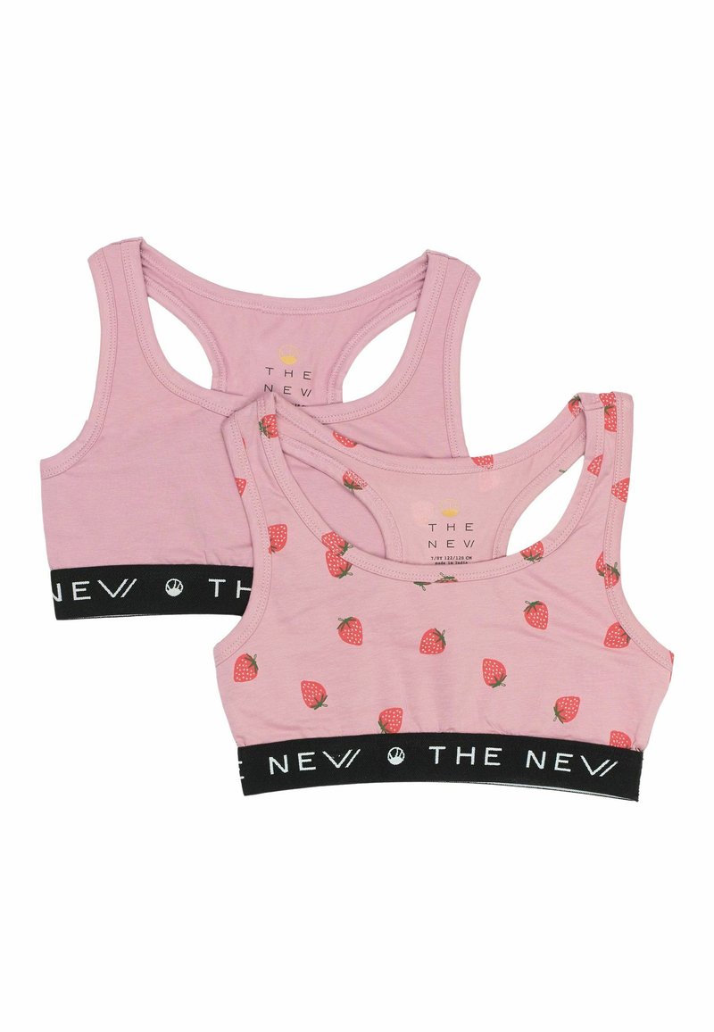 Bralette in cotone rosa con banda elastica nera che presenta testo bianco. Uno è di un colore uniforme; l'altro ha un motivo a fragole.