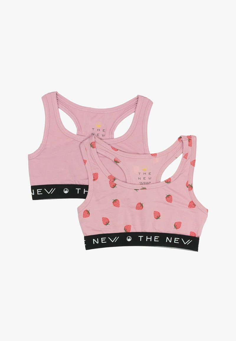 Ružové bavlnené bralety s čiernym elastickým pásom, na ktorom je biele písmo. Jeden je v jednofarebnom prevedení, druhý má vzor s jahodami.