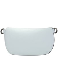 Weiße Leder-Handtasche mit glatter Textur, runder Form und silbernen Hardware-Akzenten an beiden Seiten zur Befestigung.