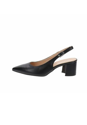 Chaussure slingback en cuir noir à bout pointu, dotée d'une bride réglable avec boucle et d'un petit talon cubain.