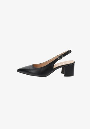 Zapato slingback de piel negra con punta puntiaguda, correa ajustable con hebilla y tacón bajo de bloque.