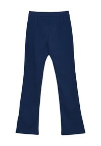 Marineblaue, weit geschnittene Hosen aus einem glatten Stoff mit Falten am Bund, die ein sauberes, minimalistisches Design ohne sichtbare Beschläge aufweisen.