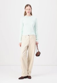 Lys myntefarget skjorte med lange ermer, beige vide bukser, brune lærersko, holder en liten brun veske, minimalistisk design, nøytral bakgrunn.