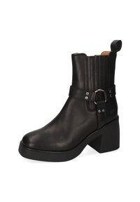 Czarny skórzany botek za kostkę z wysokim blokowym obcasem, elastycznymi panelami po bokach oraz ozdobnym paskiem z metalowym pierścieniem. Gładka faktura.