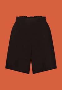 Shorts noirs taille haute longueur genoux avec taille paperbag sur fond orange.