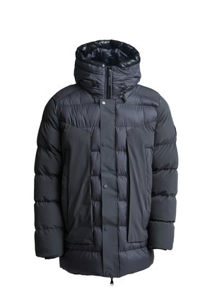 Dunkelgraue gepolsterte Winterjacke mit hohem Kragen, verstellbarem Kapuze, frontalem Reißverschluss, Druckknöpfen und senkrechten Seitentaschen.