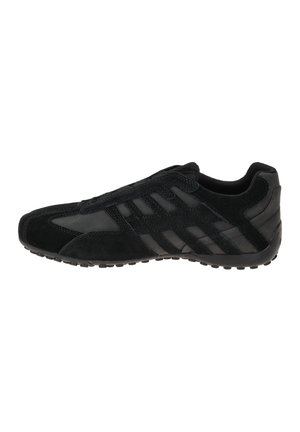 Black casual sneaker with suede and mesh panels, textured sole, and low-cut design, shown from the outer side on a white background.