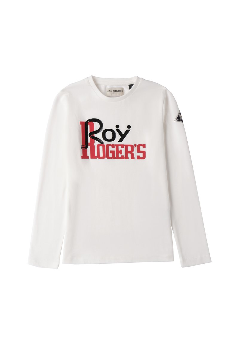 Weißes Langarm-T-Shirt mit einem schwarz-roten Grafikdruck und dem Text "Roy Roger's". Rundhalsausschnitt, weicher Stoff und einem Patch am linken Ärmel.