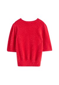 Maglione rosso a maniche corte con texture pelosa, ampia scollatura rotonda e maniche leggermente a palloncino. Fit corto senza chiusure visibili.