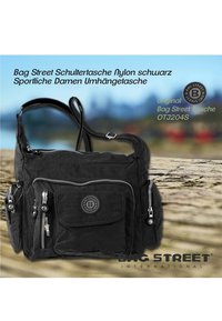 Sac à bandoulière noir en nylon avec plusieurs poches zippées, un patch logo circulaire et une sangle réglable. Design compact avec une finition texturée.